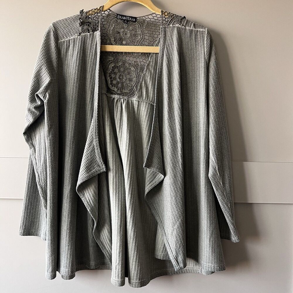 Bua‎ Bua Crocheted Lace Cardigan Medium Open Waterfall Green Boho Waffle Knit